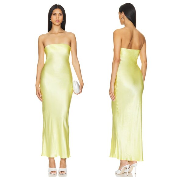 SNDYS x REVOLVE Angel Strapless Midi Dress Light Yellow Satin Silk Formal Tube - Picture 1 of 2